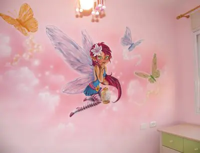 ציור קיר: פיה ורודה עם פרפרים